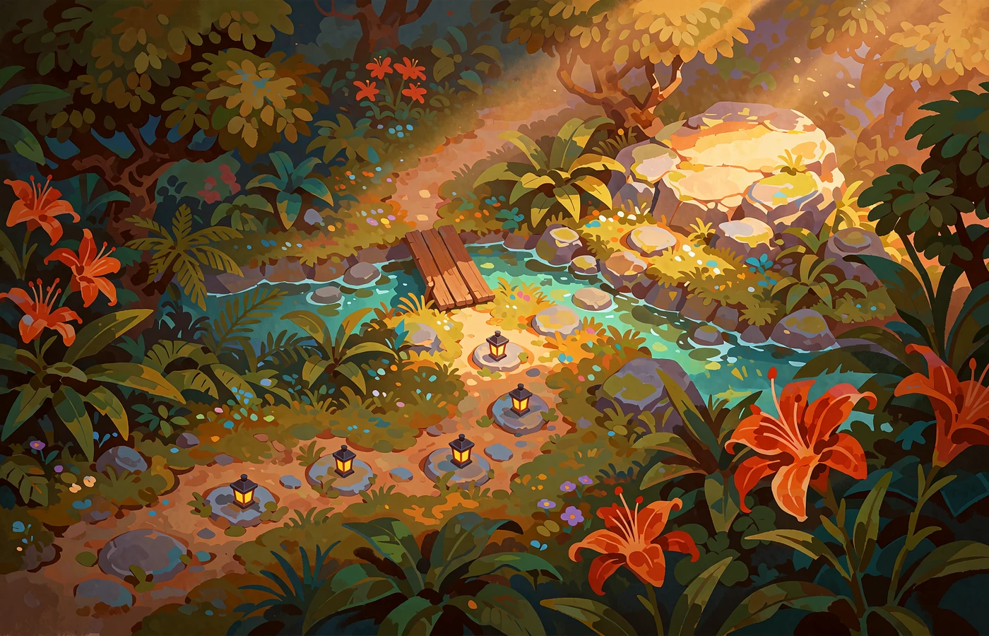Illustreret junglesti med seks oplyste lysninger, en turkis flod og en tr&aelig;bro - symbol p&aring; Bonus Map hos Wild Chance