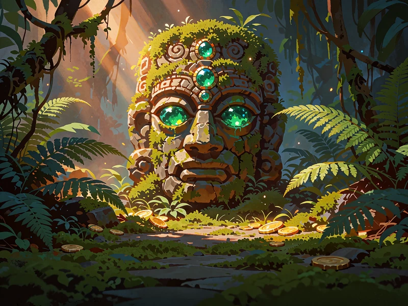 Mosgroet stenidol med gl&oslash;dende smaragd&oslash;jne i en dunkel jungle - eksempel p&aring; eventyr-slots hos Wild Chance