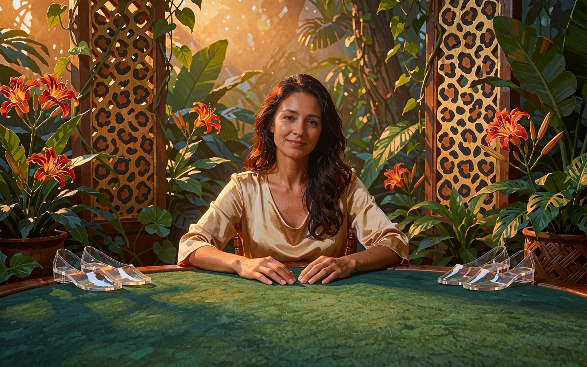 Smilende live-dealer ved et gr&oslash;nt filtbord i et junglestudie med gyldne paneler - live casino hos Wild Chance