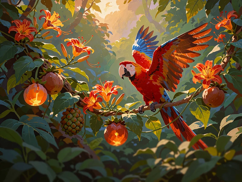 R&oslash;d og gylden ara p&aring; en liangren mellem tropiske frugter - farverigt slot-tema i Wild Chance Casino