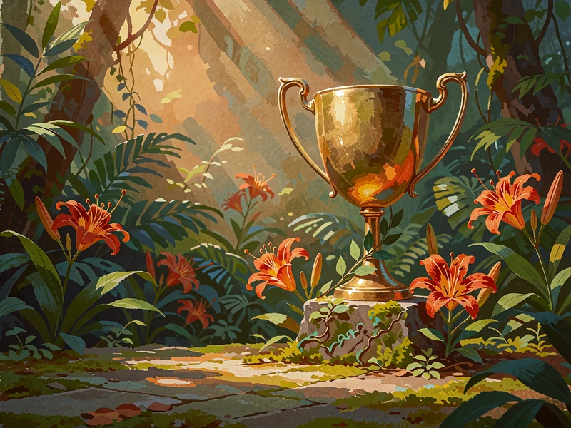 Poleret gylden pokal p&aring; en mosbevokset stenplint med laurb&aelig;rranke og orange liljer - turneringer og Drops & Wins