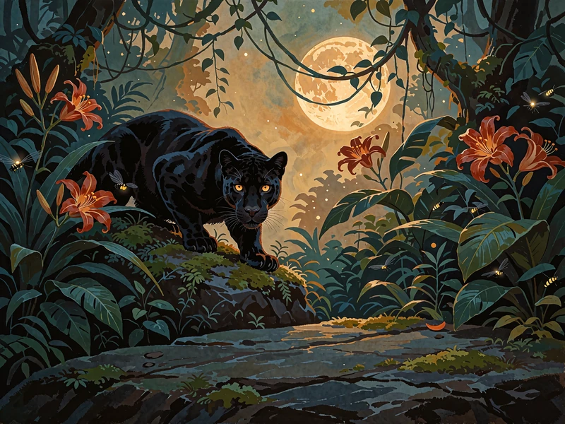 Sort panter med ravgule &oslash;jne p&aring; en klippe under en gylden m&aring;ne - natligt jungletema blandt casinoets slots