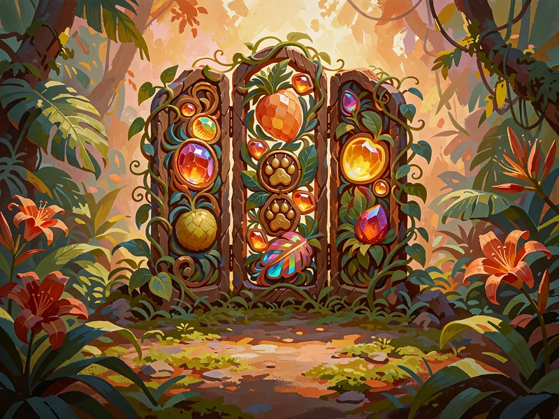 Tre udsk&aring;rne trapaneler med gl&oslash;dende tropiske frugter og ravsten i en junglelysning - online slots hos Wild Chance